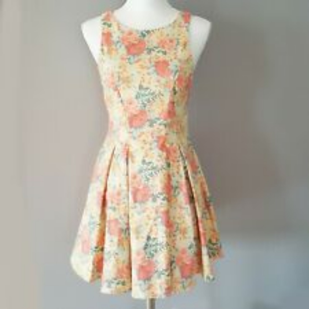 Lush Yellow Pink Floral Inverted Pleat Fit & Flare